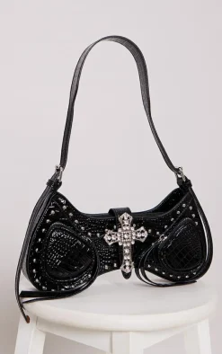 PrettyLittleThing Crossbody Bags*Croc Diamante Cross Western Shoulder Bag