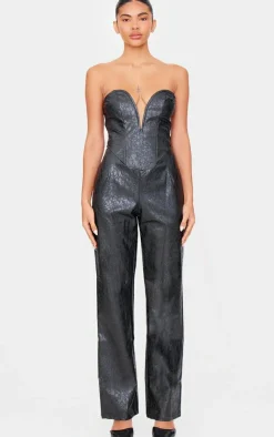 Croc Faux Leather Bandeau Plunge Straight Leg Jumpsuit-PrettyLittleThing Clearance