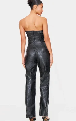 Croc Faux Leather Bandeau Plunge Straight Leg Jumpsuit-PrettyLittleThing Clearance