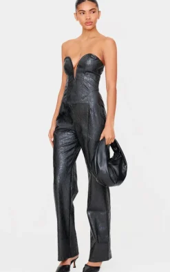 Croc Faux Leather Bandeau Plunge Straight Leg Jumpsuit-PrettyLittleThing Clearance