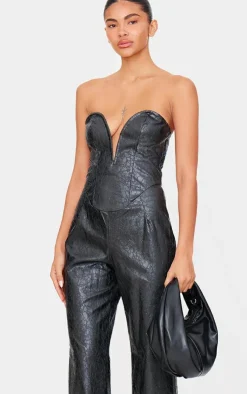 Croc Faux Leather Bandeau Plunge Straight Leg Jumpsuit-PrettyLittleThing Clearance