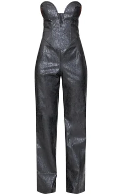 Croc Faux Leather Bandeau Plunge Straight Leg Jumpsuit-PrettyLittleThing Clearance