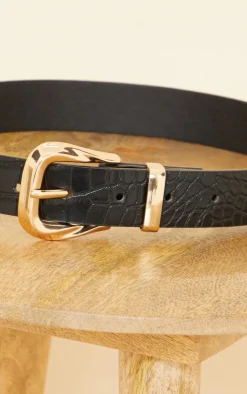 PrettyLittleThing Black Belts*Croc Gold Buckle Waist Belt