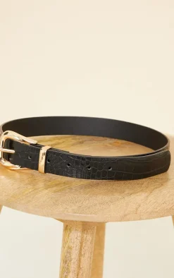 PrettyLittleThing Black Belts*Croc Gold Buckle Waist Belt