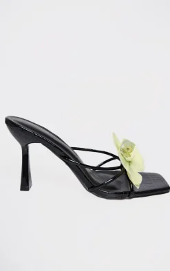 PrettyLittleThing Mules*Croc PU Lime Flower Square Toe Heeled Mules