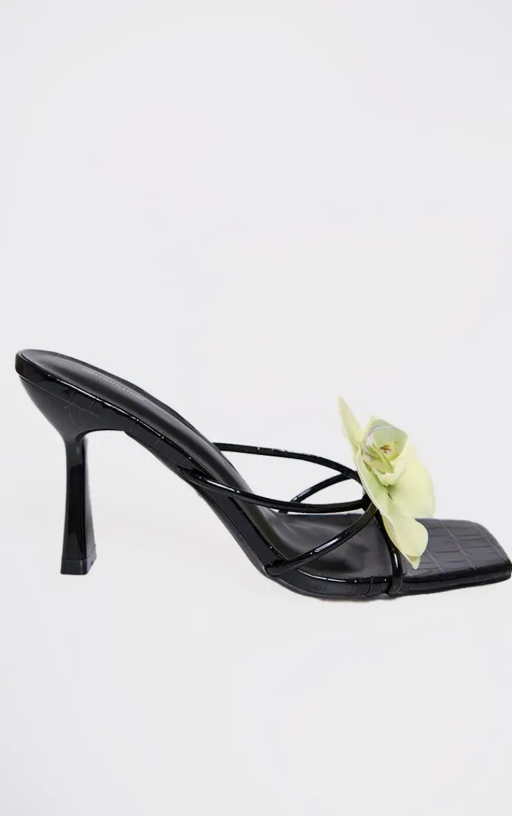 PrettyLittleThing Mules*Croc PU Lime Flower Square Toe Heeled Mules