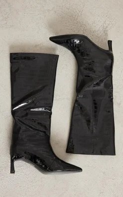 PrettyLittleThing Low Heels*Croc PU Point Toe Low Heeled Knee Boots