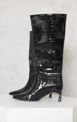 PrettyLittleThing Low Heels*Croc PU Point Toe Low Heeled Knee Boots