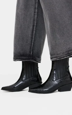 PrettyLittleThing Heeled Boots*Croc PU Point Toe Low Block Heel Western Ankle Boots
