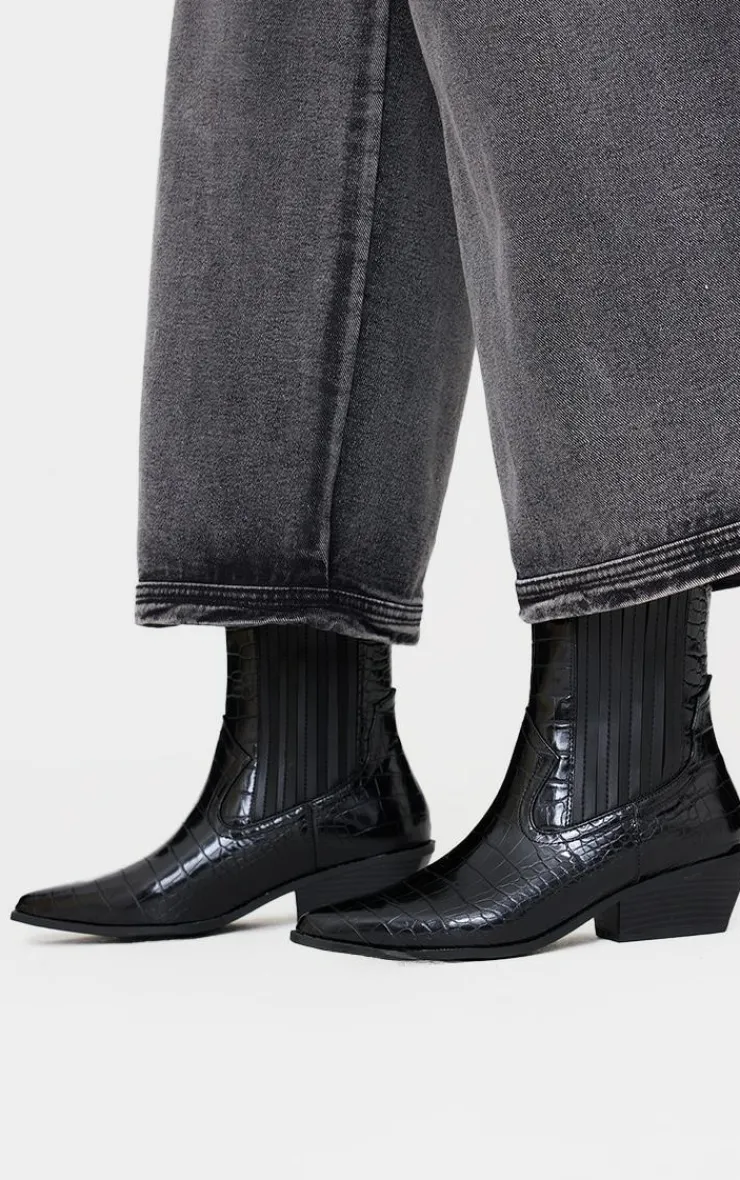 PrettyLittleThing Heeled Boots*Croc PU Point Toe Low Block Heel Western Ankle Boots