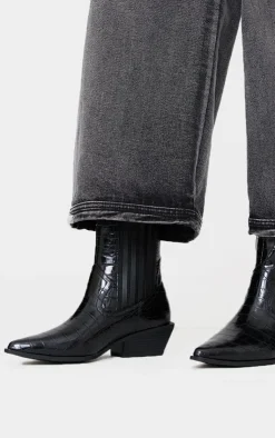 PrettyLittleThing Heeled Boots*Croc PU Point Toe Low Block Heel Western Ankle Boots