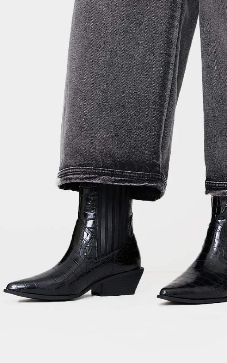 PrettyLittleThing Heeled Boots*Croc PU Point Toe Low Block Heel Western Ankle Boots