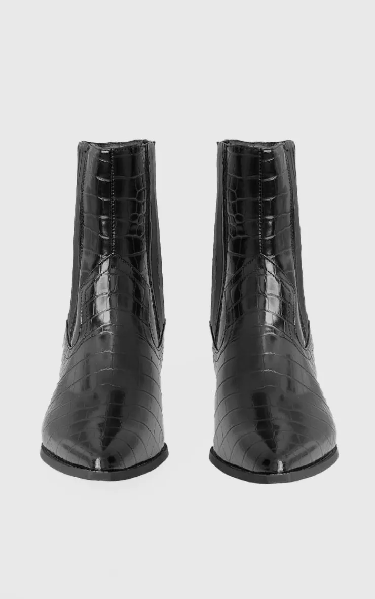 PrettyLittleThing Heeled Boots*Croc PU Point Toe Low Block Heel Western Ankle Boots