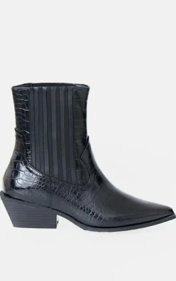 PrettyLittleThing Heeled Boots*Croc PU Point Toe Low Block Heel Western Ankle Boots