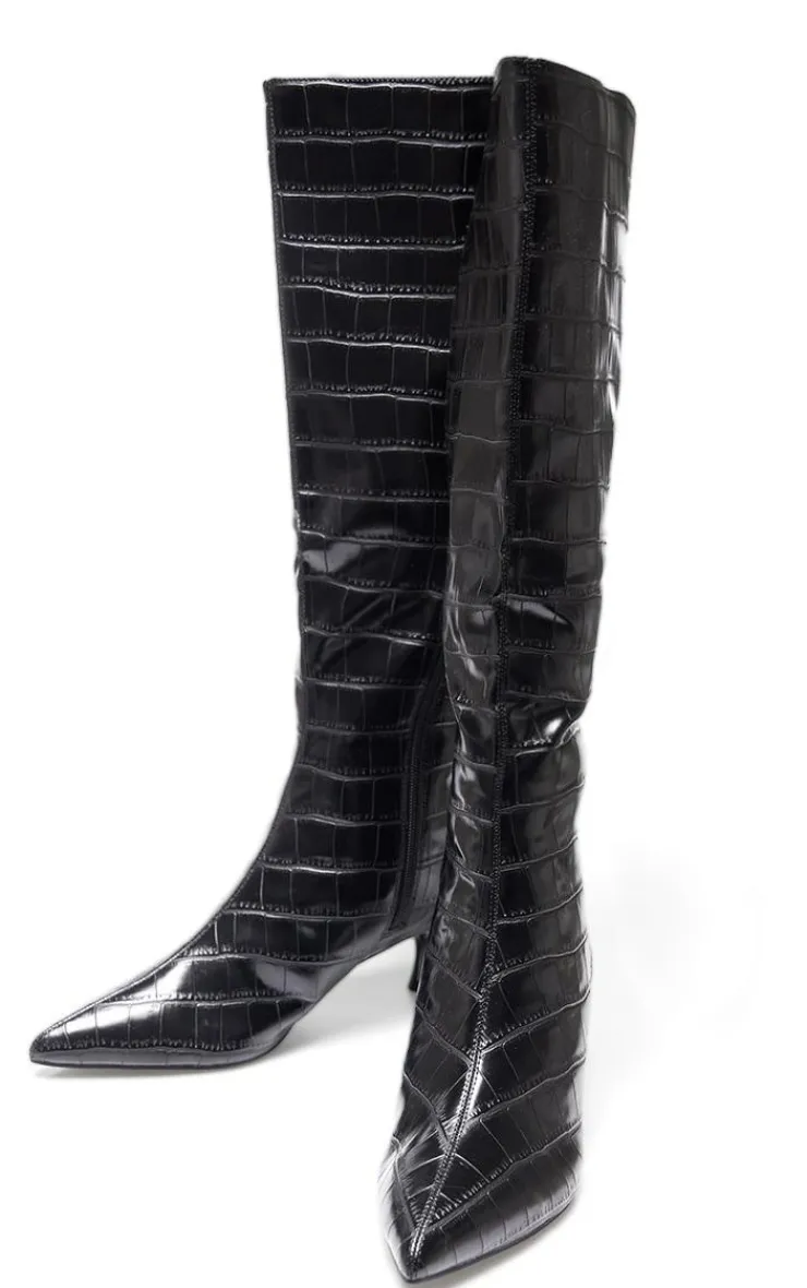 PrettyLittleThing Knee High Boots*Croc PU Point Toe Low Heel Knee High Boots