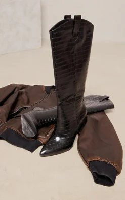 PrettyLittleThing High Heels*Croc PU Point Toe Western Knee High Stiletto Heeled Boots