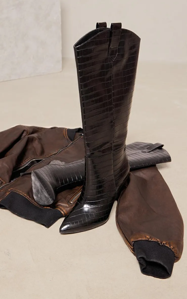 PrettyLittleThing High Heels*Croc PU Point Toe Western Knee High Stiletto Heeled Boots