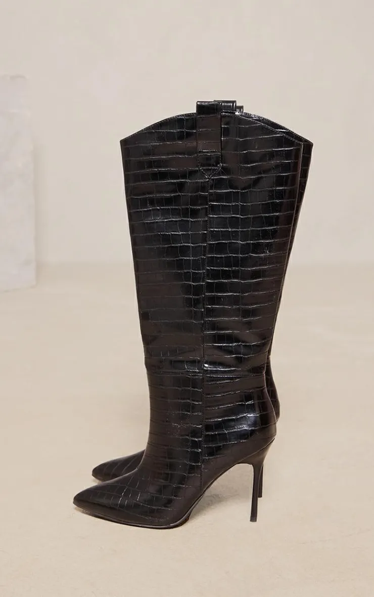 PrettyLittleThing High Heels*Croc PU Point Toe Western Knee High Stiletto Heeled Boots