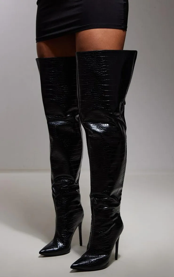 PrettyLittleThing High Heels*Croc PU Pointed High Heel Over The Knee Boots