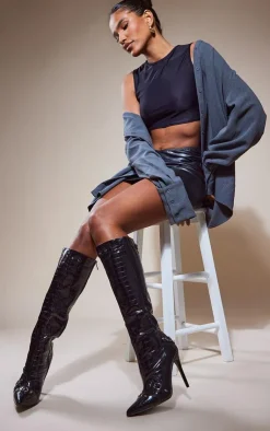 PrettyLittleThing Knee High Boots*Croc PU Pointed Stiletto Heeled Knee Boots