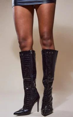 PrettyLittleThing Knee High Boots*Croc PU Pointed Stiletto Heeled Knee Boots
