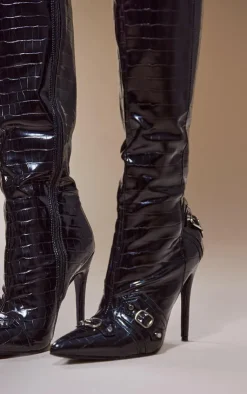 PrettyLittleThing Knee High Boots*Croc PU Pointed Stiletto Heeled Knee Boots