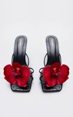 PrettyLittleThing Mules*Croc PU Red Flower Square Toe Heeled Mules
