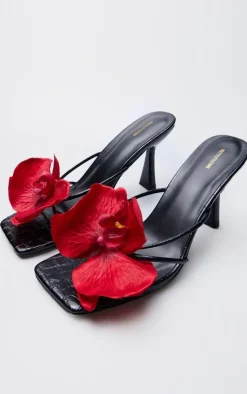PrettyLittleThing Mules*Croc PU Red Flower Square Toe Heeled Mules