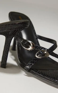 PrettyLittleThing Mid Heels*Croc PU Round Toe Silver Buckle Cross Strap Detail Heeled Sandals