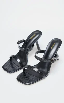 PrettyLittleThing Mules*Croc PU Square Toe Strappy Heeled Mule Sandals