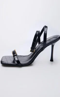 PrettyLittleThing High Heels*Croc PU Square Toe Double Buckle High Stiletto Heeled Sandals