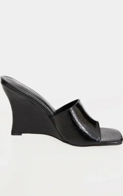 PrettyLittleThing Heeled Sandals*Croc PU Square Toe Wedge Heeled Sandals