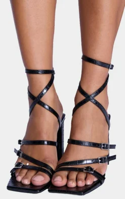 PrettyLittleThing Heeled Sandals*Croc PU Square Toe Buckle Strappy Block Heeled Sandals