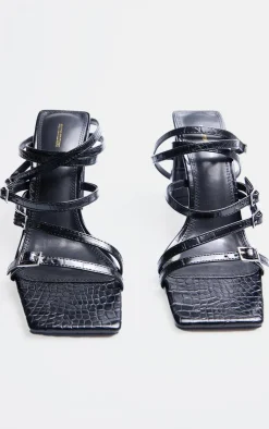 PrettyLittleThing Heeled Sandals*Croc PU Square Toe Buckle Strappy Block Heeled Sandals