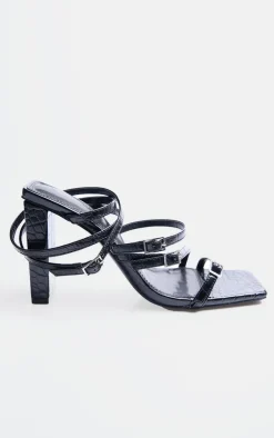 PrettyLittleThing Heeled Sandals*Croc PU Square Toe Buckle Strappy Block Heeled Sandals