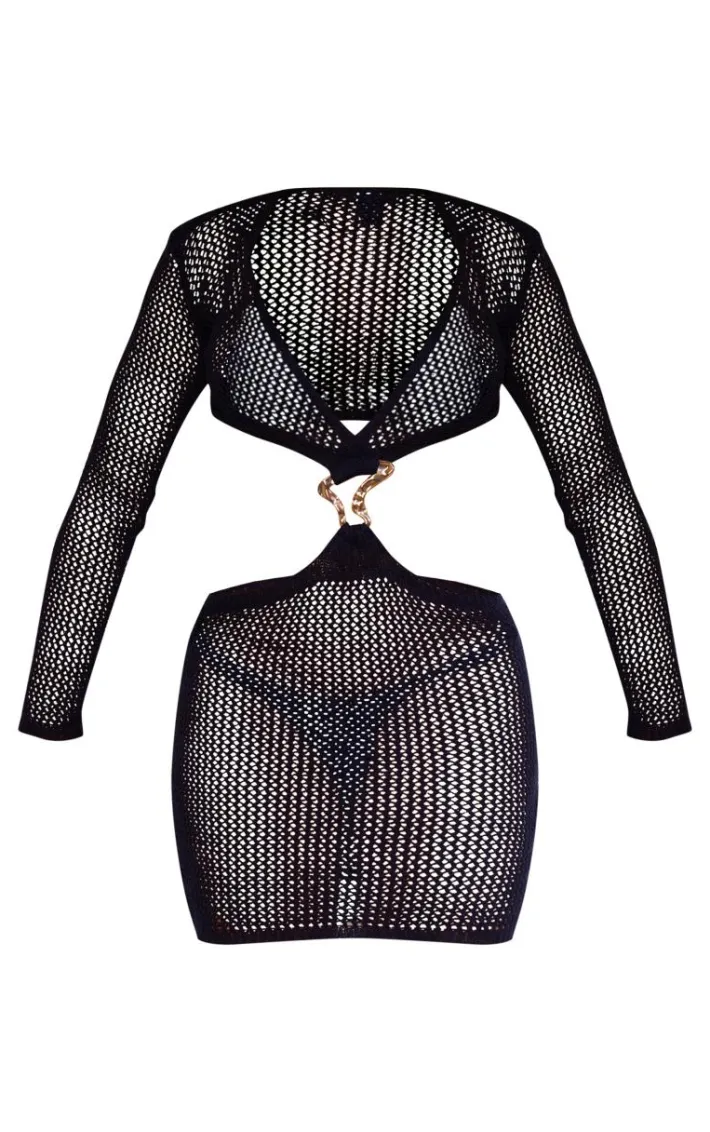Black Crochet Gold Trim Cut Out Beach Dress