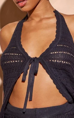 Best PrettyLittleThing Crochet Knit Tie Front Halterneck Top Black