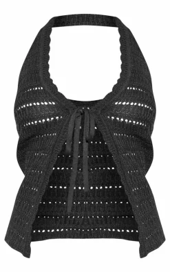 Best PrettyLittleThing Crochet Knit Tie Front Halterneck Top Black