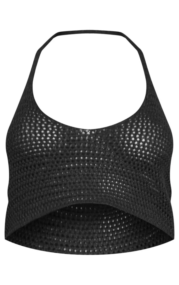Best PrettyLittleThing Crochet Plain Knit Halterneck Crop Top Black
