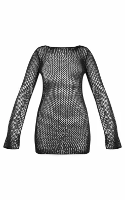 Crochet Sequin Knit Long Sleeve Mini Dress-PrettyLittleThing Best