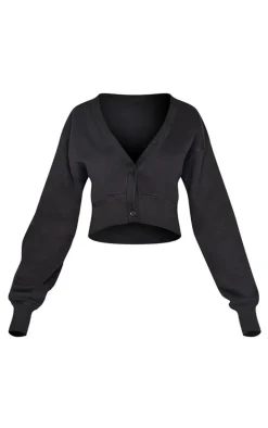 Black Cropped Button Front Sweatshirt