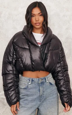 PrettyLittleThing Puffer Jackets*Cropped Oversized Collar Detail Puffer Jacket