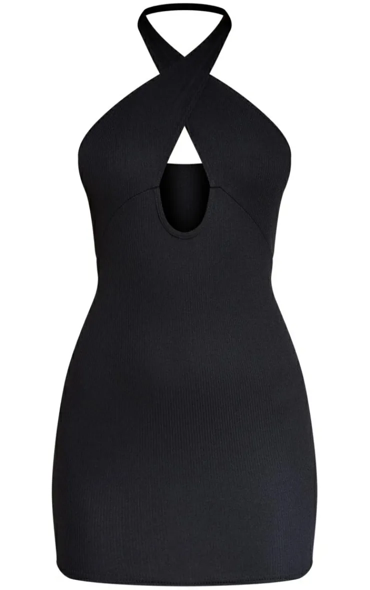 Cross Neck Cut Out Rib Bodycon Dress-PrettyLittleThing Hot