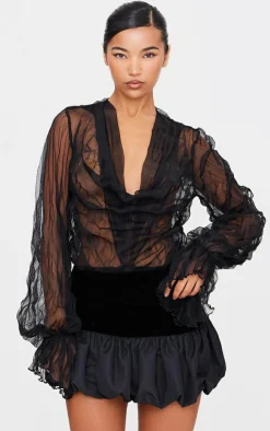 Crushed Mesh Sheer Cowl Bodysuit-PrettyLittleThing Discount