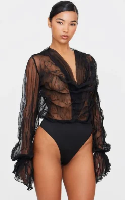 Crushed Mesh Sheer Cowl Bodysuit-PrettyLittleThing Discount