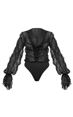 Crushed Mesh Sheer Cowl Bodysuit-PrettyLittleThing Discount