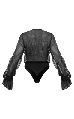 Crushed Mesh Sheer Cowl Bodysuit-PrettyLittleThing Discount