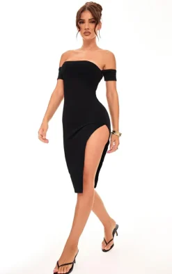 Cuff Detail Side Split Midi Dress-PrettyLittleThing Online