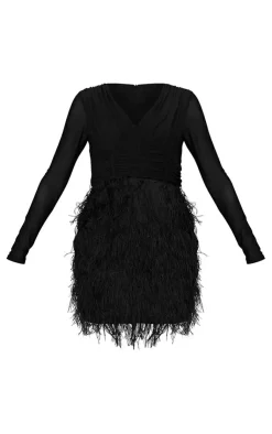 Cup Detail Faux Feather Bodycon Dress-PrettyLittleThing Online