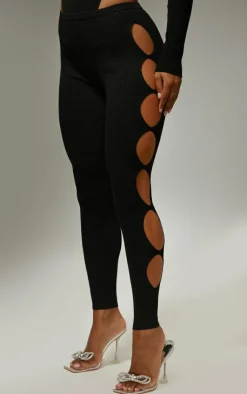 Sale PrettyLittleThing Cut Out Rib Knit Leggings Black